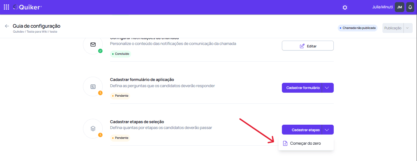 Cadastrando etapas do zero 1