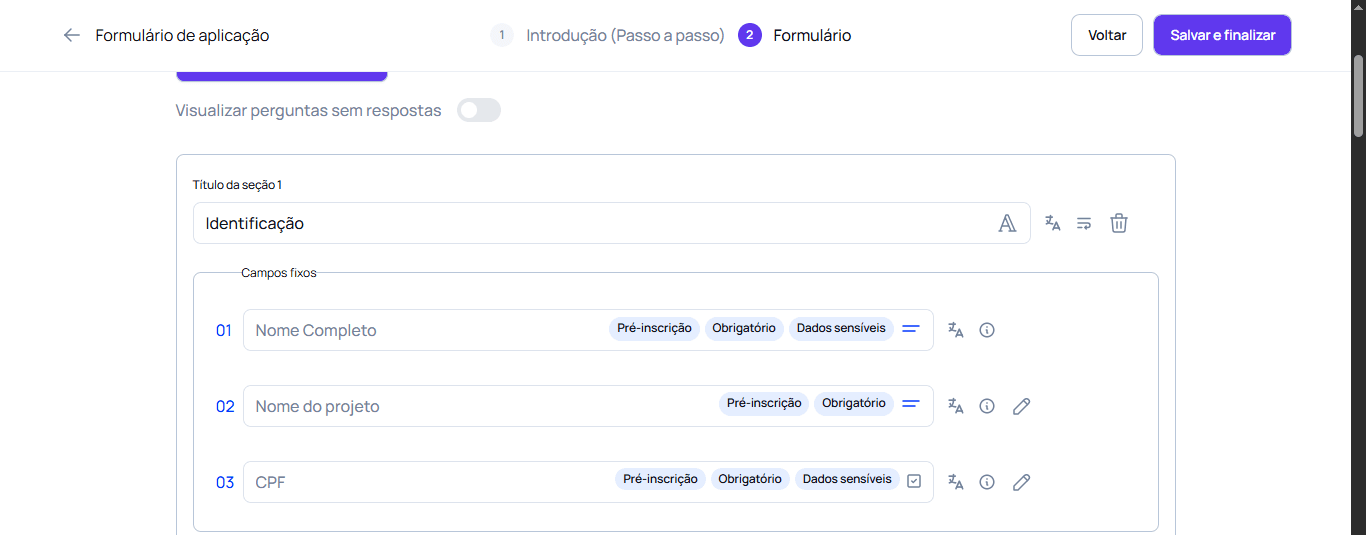Exemplo de pergunta no formulario